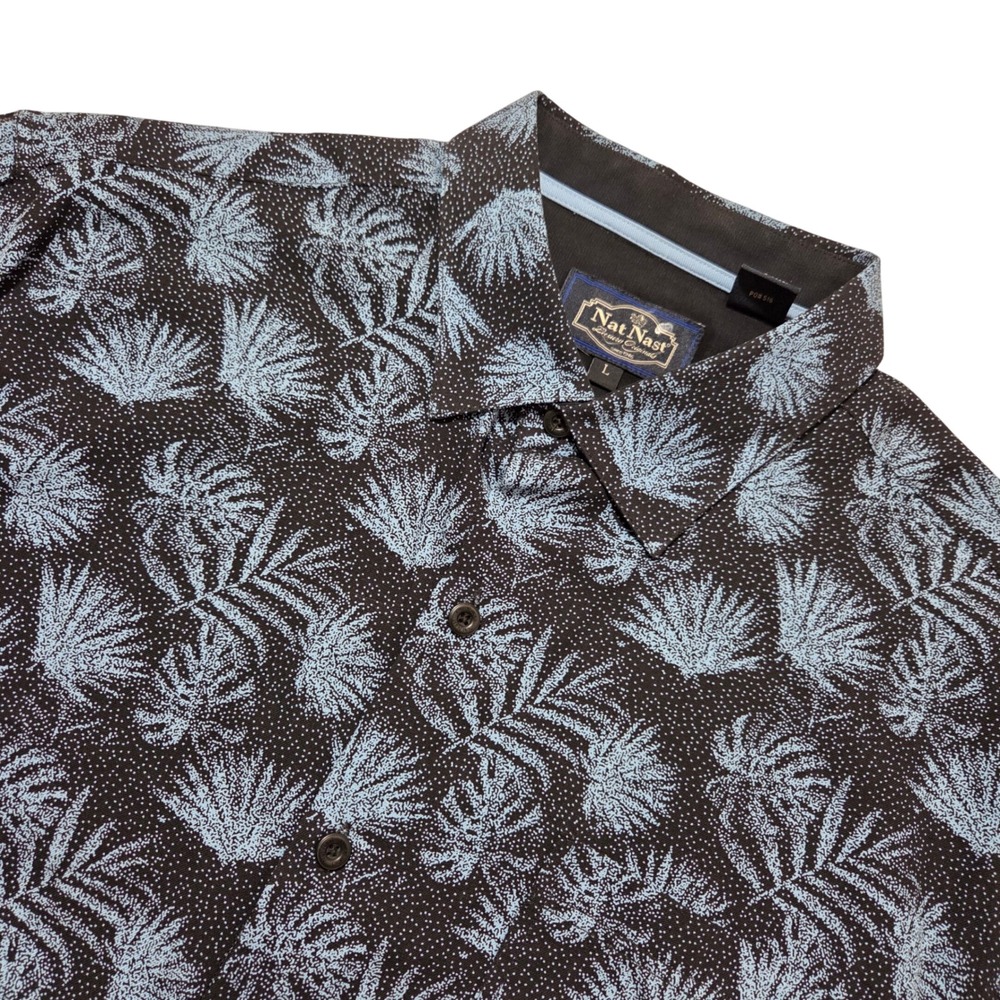Nat Nast Luxury Originals Silk‎ Cotton Blue Palm Leaf Print Short Sleeve Men's L